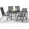 7 piece black glass sling fabric dining table and chair